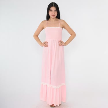chinese dress ladies Vintage 1970's Baby Pink Chiffon and Cotton Eyelet Maxi Dress –  sacredgardenvintage main image 0
