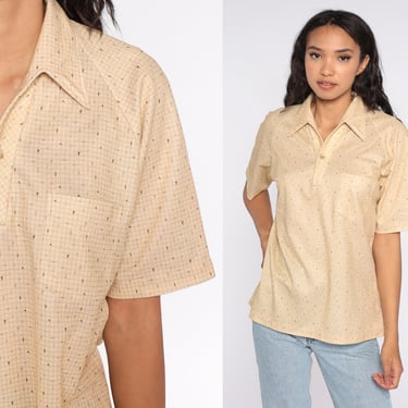70s Polo Shirt Sand Colored Confetti Shirt Dagger Collar Button Up Shirt Collar Boho Top Vintage 1970s Short Sleeve Tan Men&#39;s Large L 