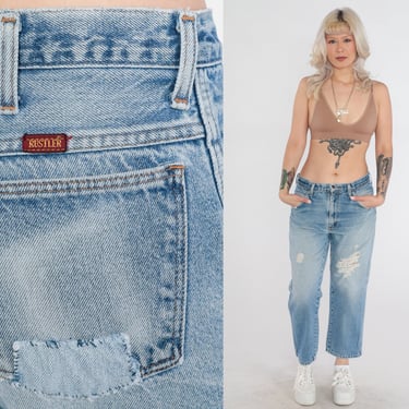 Ripped Jeans 90s Rustler Ankle Jeans Mid Rise Straight Leg Relaxed Cropped Denim Pants Blue Mom Jeans Boyfriend Retro Vintage 1990s Large 32 