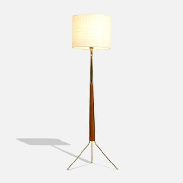 Swedish Modern Sculpted Tripod Floor Lamp with Brass Accents 
