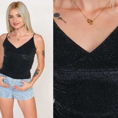 Sparkly Tank Top 90s Black Metallic Blouse V Neck Spaghetti Strap Shirt Retro Clubwear Party Glam Going Out Top Vintage 1990s Small S 