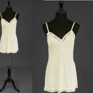 60s 70s Off-White Full Slip - Lace Trim - Full Nylon Dress Slip - Shorter Length Mini - Lorraine - Vintage 1960s 1970s - Size 34 