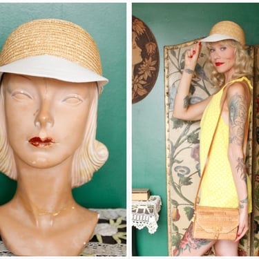 1990s does 1930s Hat // Liz Claiborne Straw & Canvas Hat // vintage 90s Summer hat 