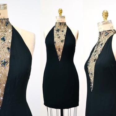 80s 90s Vintage BOB MACKIE Dress Black Star Beaded Metallic Halter Neck// Black Sexy Halter Mini Dress Small Medium Bob Mackie Cher 