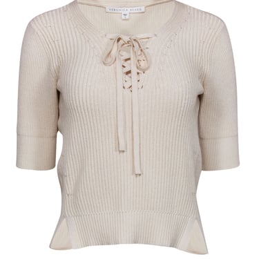 Veronica Beard - Cream Rib Knit Sweater w/ Lace Up Front Sz S
