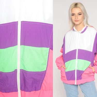 Striped Windbreaker 90s Neon Color Block Zip Up Jacket Retro Lightweight Shell Streetwear Pink Purple Nylon Vintage 1990s Medium M 