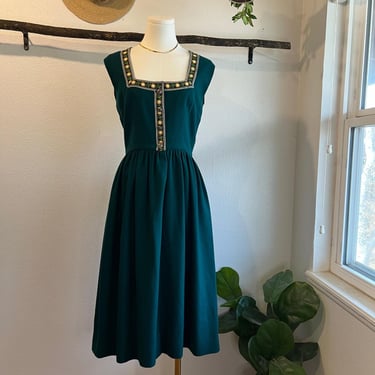 Vintage Handmade Green Wool Folk Fit & Flare Midi Dress Size Small - Medium 
