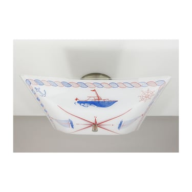 Mid Century Sailboat Ceiling Light Shade with Custom Satin Nickel Fixture - Semi Flush Ceiling Light - 14" Width - Nautical Theme 