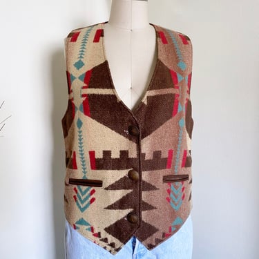 Vintage 90's Blanket Style Vest, Southwestern Style, Leather Trim, S M 