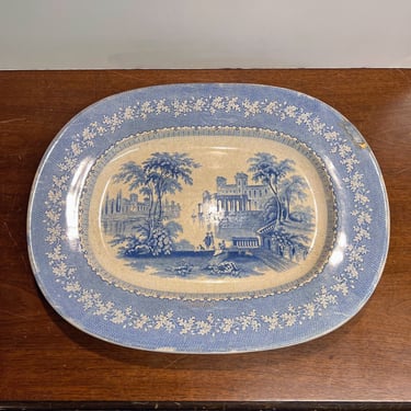Antique Wood and Brownfield Palmyra Blue Transferware Earthenware Meat Platter 