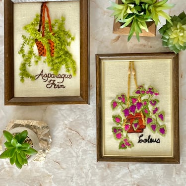 Vintage Embroidery Wall Art, Set 2, Botanical, Plants, Ferns, Greenery, Hand Stitched Crewel, Framed, 70s Home Decor 