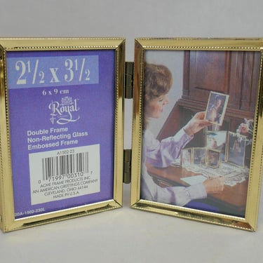 Small Vintage Hinged Double Picture Frame - Gold Tone Metal w/ non-glare Glass - Holds Two Wallet Size 2 1/4