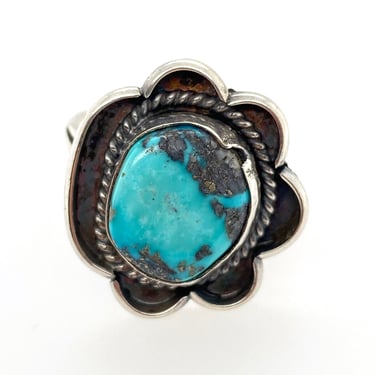 Vintage Navajo Turquoise & Sterling Silver Ring Sz 9 Scalloped Edge Flower 