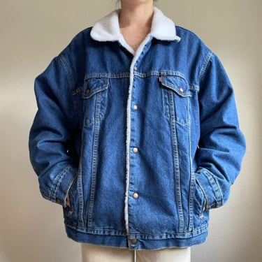 Levi’s Vintage Sherpa Blue Denim Trucker Jacket Faux Shearling Made In USA XXL 