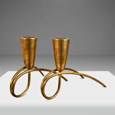 Set of Two ( 2 ) Mid-Century Modern Bauhaus Solid Brass Candlestick Holders Attributed to Günter Kupetz, Germany, c. 1950's 