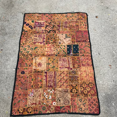 Ethnic Embroidered Wall Hanging, Blanket, Table Cover, Artisan Crafted Antique 19th C, Patchwork, Sampler, Timeworn Faded Period Textiles 