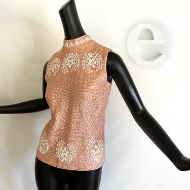 Vintage 50s 60s Pink Beaded Sequin Shell Top | Bombshell Pin Up Mad Men Party | Heavily Embellished Sleeveless Sweater | Sz: Small / Medium 