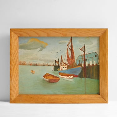 Vintage Nautical Oil Painting of Boats in the Harbor in Rockport Massachusetts 