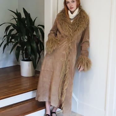 Vintage Y2K Brown Suede + Mongolian Lamb Floor Length Coat Jacket Penny Lane Shearling Leather 90s 60s Bohemian XS S M 