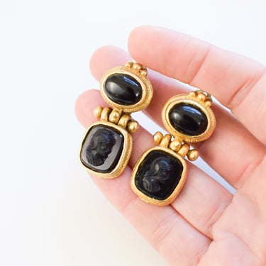 Vintage 1990s Lazaro Neoclassical Intaglio Earrings | Greek Revival Gold and Onyx Statement Earrings | Clip-ons 