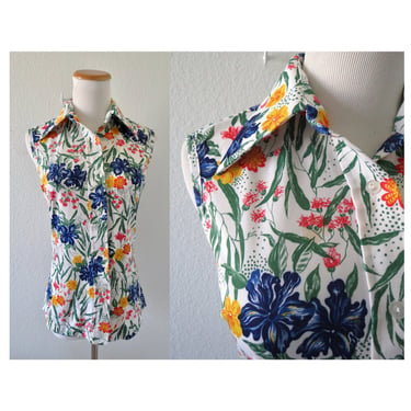 Vintage 60s Sleeveless Blouse - Floral Print Button Up Top - Mod Mid Century Spring Summer Shirt - Size Small 