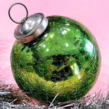 VINTAGE: Extra Heavy Thick Mercury Crackled Green Glass Ornament - Kugel Style Christmas Ornaments 