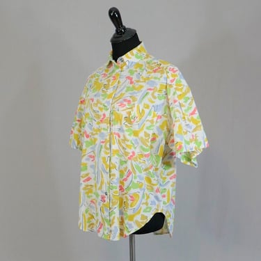 80s Lizsport Abstract Print Blouse - All Cotton - White Black Pink Green Yellow Blue Tan - Vintage 1980s - Oversize Small 47