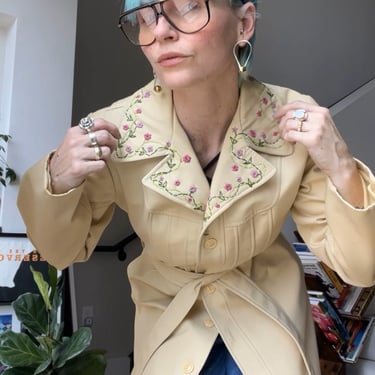 VTG 70s Butter Yellow Hand Embroidered Trench Coat 