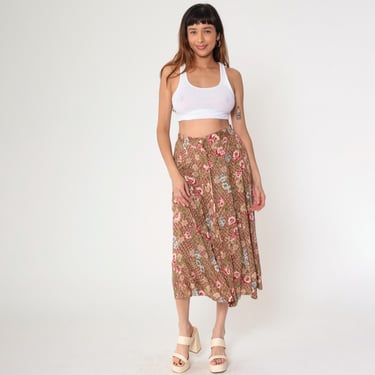 90s Brown Floral Skirt Vintage Rayon Midi Button Up Checkered Elaine Seinfeld Grunge Boho 1990s Hippie Festival Drape Medium M 