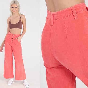 Corduroy BELL BOTTOM Pants 70s Hippie Coral High Waisted Trousers Boho Wide Leg Flared 1970s High Waist Vintage Bohemian Extra Small xs 25 