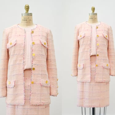 80s 90s Vintage Pink Wool Knit Boucle Suit Skirt Jacket Medium By Christian A New York // Pink Blue Boucle Plaid Suit Jacket Skirt Wool 