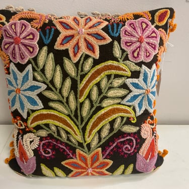 Crewel Embroidered Pillow with Fringe