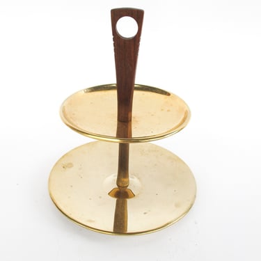 Midcentury Brass Two Tier Tray Serving Platter with Wood Handle 