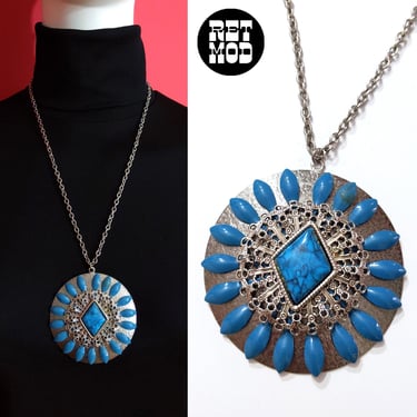 Boho Vintage 70s Turquoise Silver Medallion Pendant Necklace 