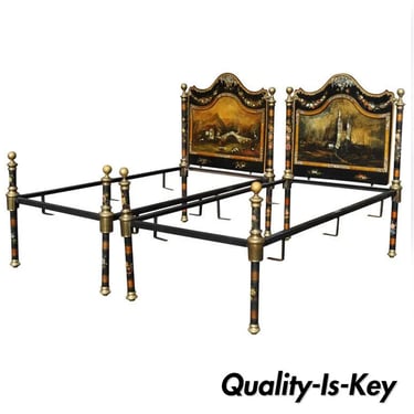 Pair of 19th Century Hand Painted Mother of Pearl Inlay Single Twin Bed Frames
