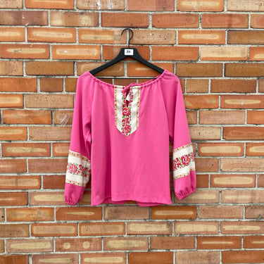 vintage 70s pink floral peasant blouse / l large 