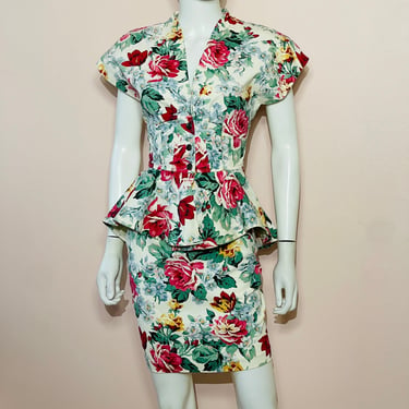 Vtg 80s Young Edwardian floral peplum 2 piece denim dress outfit skirt top SM 