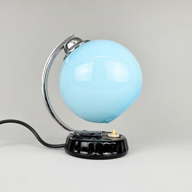 1950's Blue Opaline Glass & Ceramic Base Table Lamp 