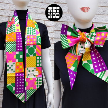 DEADSTOCK & BRIGHT Mod Vintage 60s 70s Colorful Geometric Long Scarf 