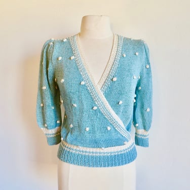 1980's Light Blue and White Rayon Hand Knit Sweater Top Faux Wrap Pom Pom Bobbles Trim 80's Spring Summer Sweaters Nannell Size Small Medium 