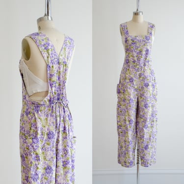 purple floral overalls 80s 90s vintage April Cornell pastel floral romantic cute cottagecore wide leg jumpsuit 