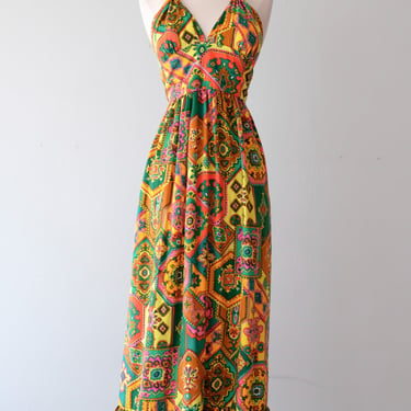 Super Rad Kaleidoscopic 1970's Halter Full Length Dress / Sz S