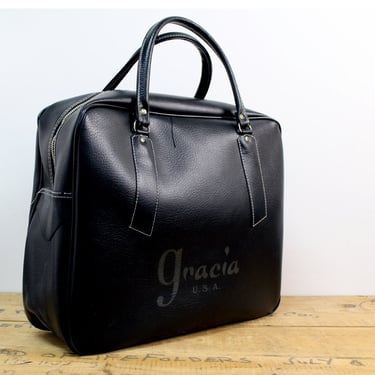Vintage 1970s Black Travel Bag - Gracia USA bag - Black Vinyl Zipper Bag - Made in Hong Kong -  Unisex 