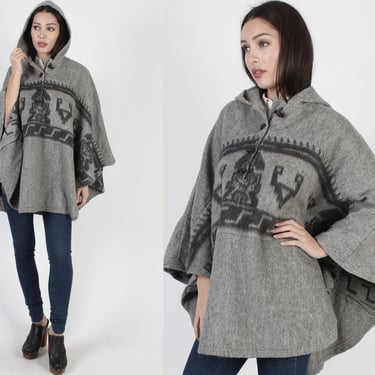 Vintage Aztec Print Hooded Cape / Sweeping Casual Wool Cloak / One Size Womens Poncho Jacket 