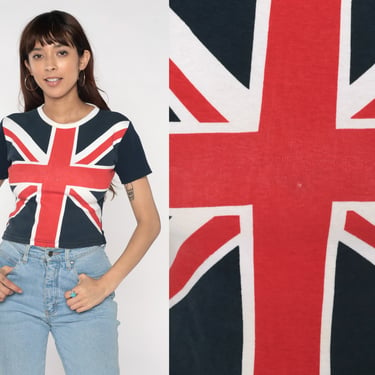 Union Jack Shirt 80s Baby Tee British Flag Graphic T-Shirt UK United Kingdom English Print Ringer Crewneck Crop Top Vintage 1980s Small S 