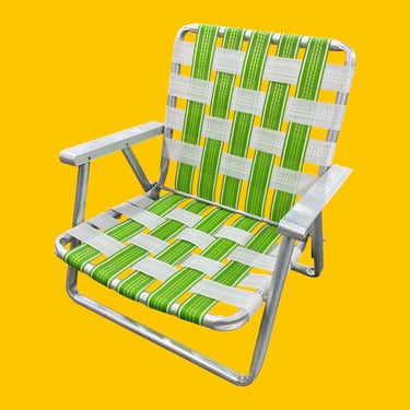 Vintage Beach Chair Retro 1980s Contemporary + Silver Aluminum Frame + Green and White + Webbed Straps + Lawn or Patio Seating + Folds Up 