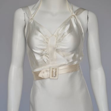 1930s ivory satin halter wedding dress with belt XS 