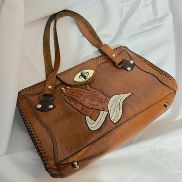 Vintage Tooled  Brown Leather Handbag, prayer hands, tapestry interior 