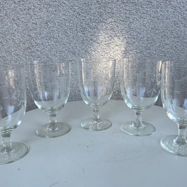 Vintage Radio Brand crystal glasses bamboo etched set 5 wine glasses holds 8 oz. 