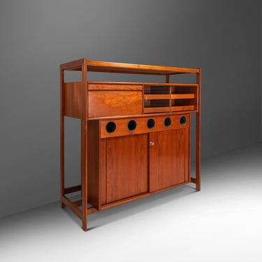 Rare Danish Mid-Century Modern Dry Bar in Teak w/ Leather Top by Knud Bent for Dyrlund, Denmark, c. 1960s 